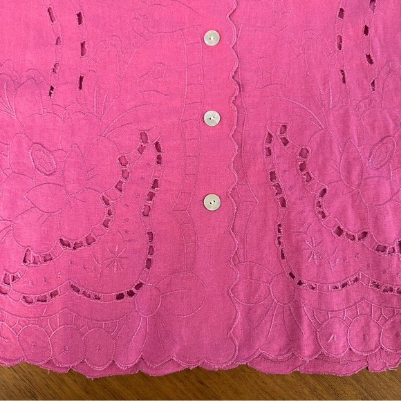 Susan Graver Linen Blend Cutout Embroidered Shirt Shacket Pink - Picture 9 of 11